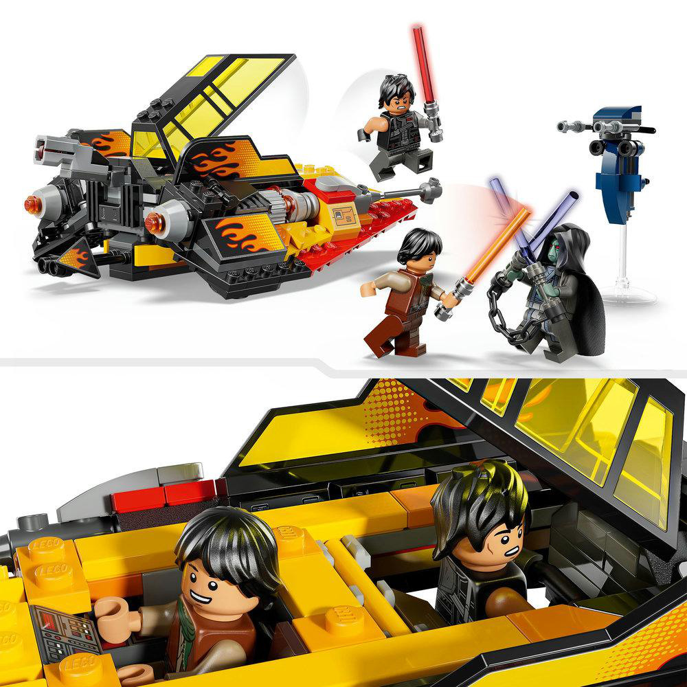 Lego Star Wars Set mit schwarzem und gelbem Raumschiff, Minifiguren mit Lichtschwertern und einem kleinen blauen Droiden.