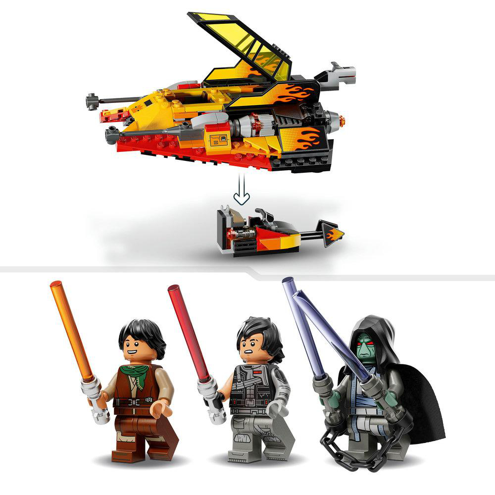 Lego-Set mit einem gelb-schwarzen Raumschiff und drei Minifiguren, die Lichtschwerter halten. Das Raumschiff ist zweiteilig.