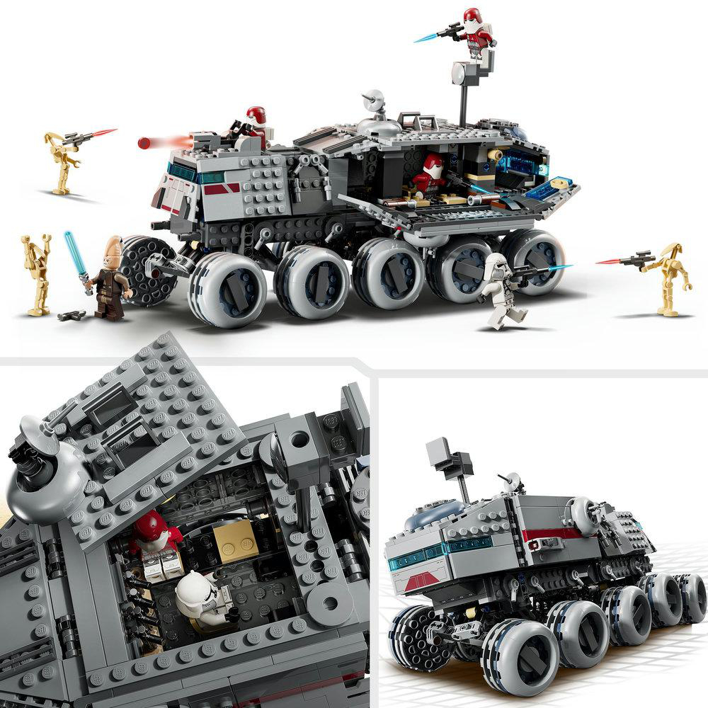 Ein LEGO Star Wars Set mit einem grauen Fahrzeug, mehreren Figuren und Actionposen. Das Fahrzeug hat große Räder und einen detaillierten Innenraum.