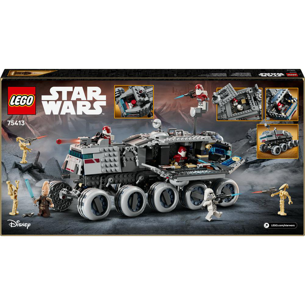 Lego Star Wars Set 75413. Ein graues Fahrzeug mit vielen Rädern, Minifiguren und Kampfdroiden. Die Box hat die Lego- und Star Wars-Logos.