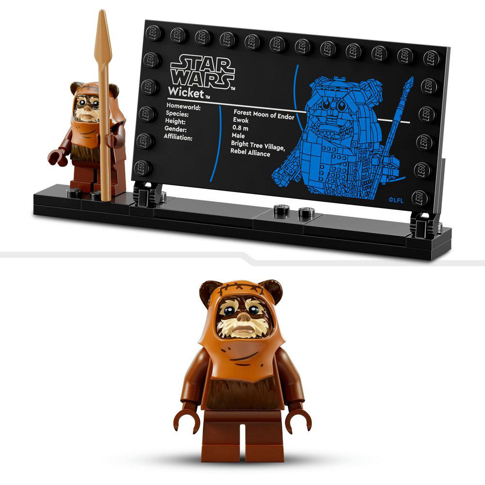 Eine LEGO Ewok-Figur mit Speer, neben einer Star Wars Wicket-Informationskarte und einer ähnlichen Figur.