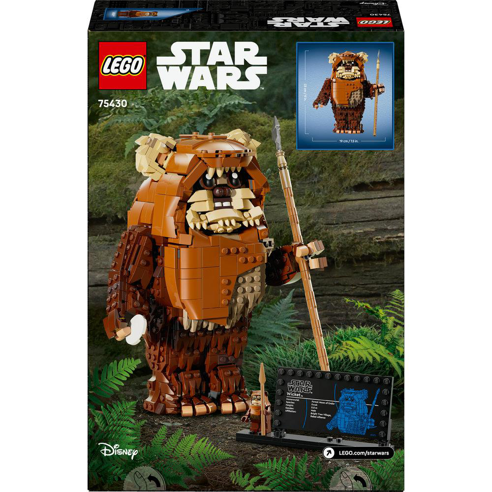 LEGO Star Wars Wicket Set. Eine große, aus Steinen gebaute Ewok-Figur mit Speer steht vor der Box und zeigt die Figur und eine kleinere Version.