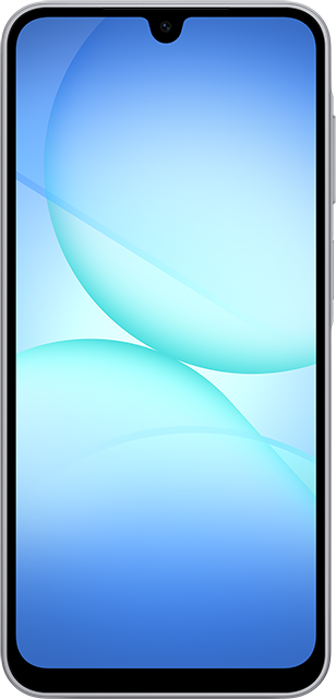 Okostelefon kék-fehér színátmenetes képernyővel. Felül egy kis kamera. A telefon ezüst kerettel rendelkezik.