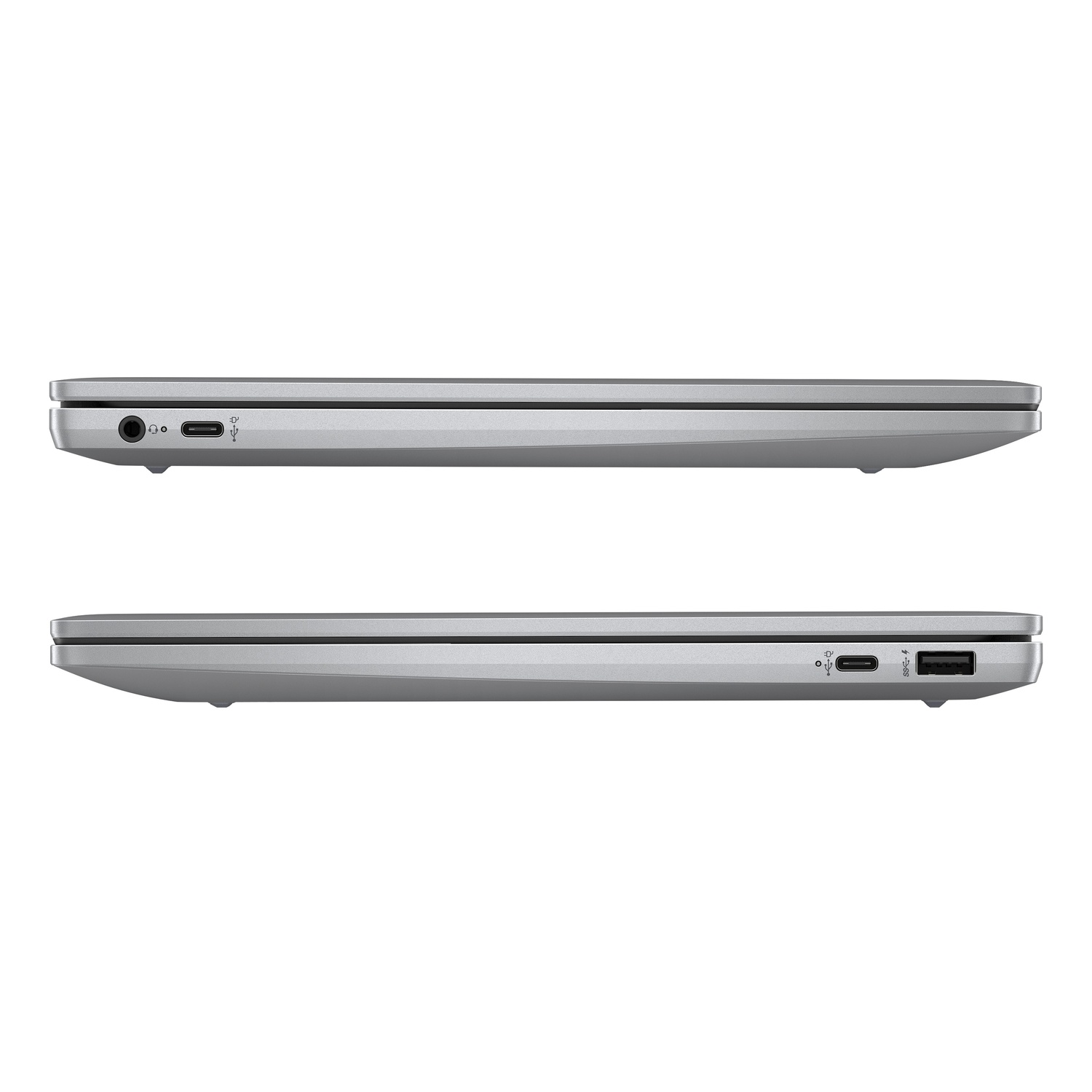 Two silver laptops, side view, showing ports. Top has headphone jack, USB-C. Bottom has USB-A, USB-C and power port.