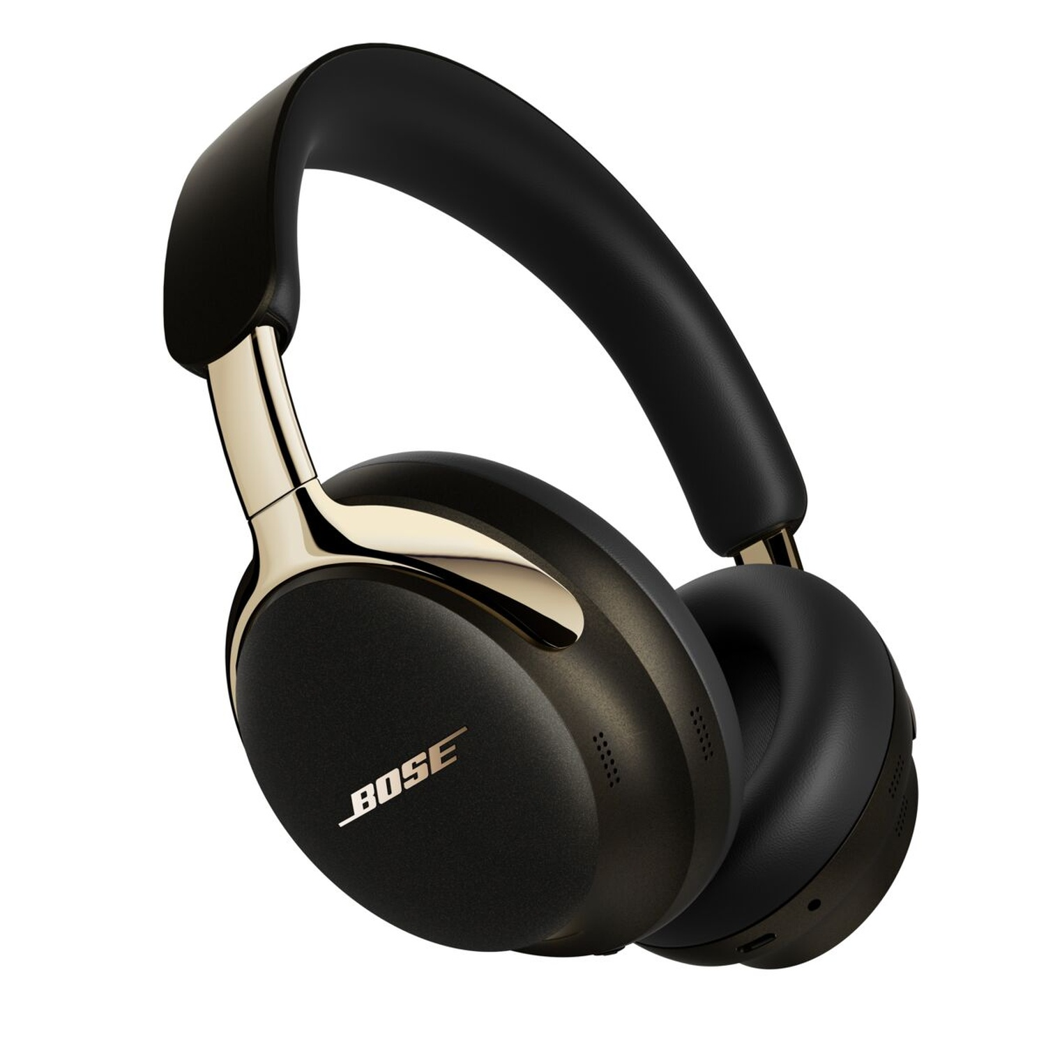 Casque Bose noir et or sur fond blanc. Le casque a un design incurvé et un accent de couleur or.