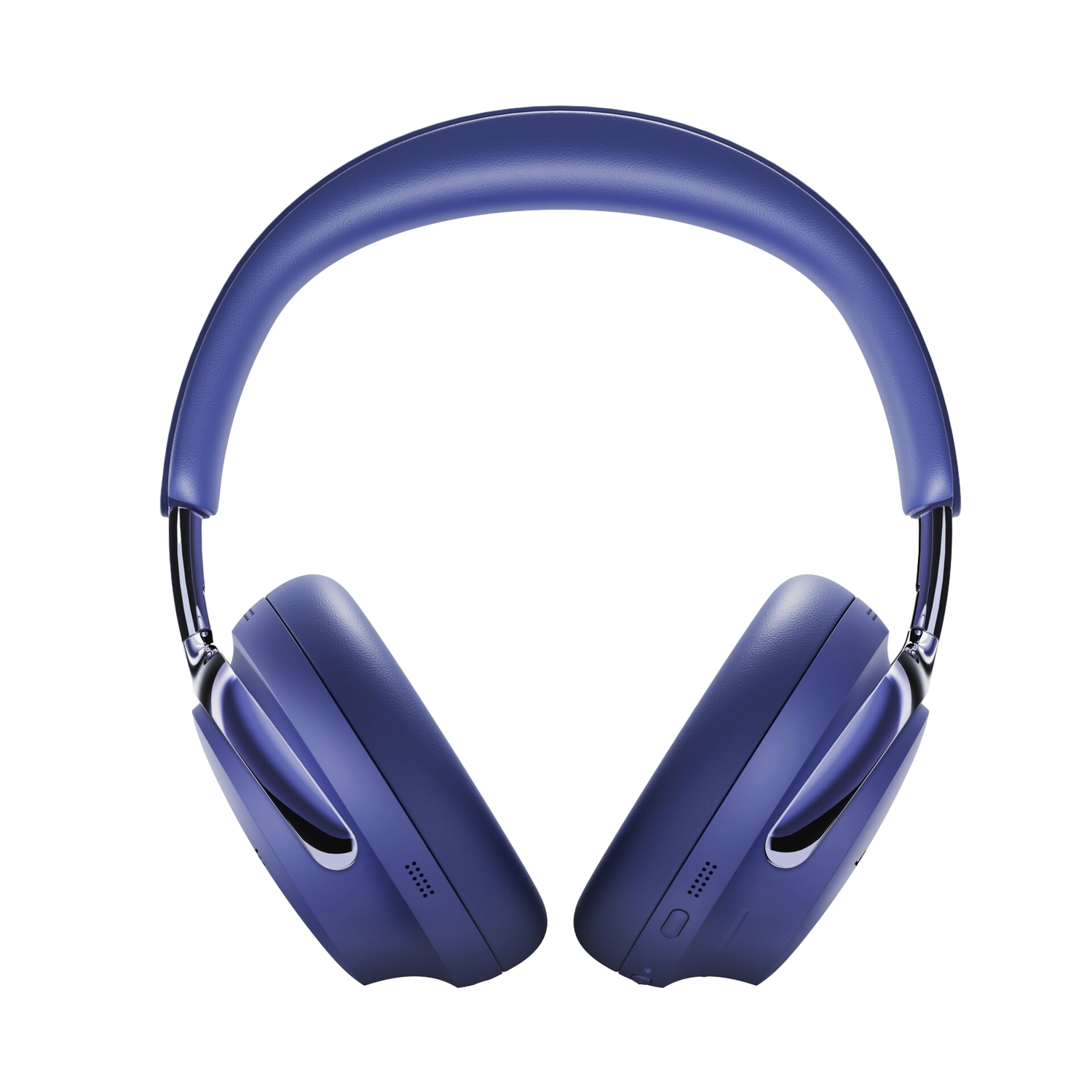 Une paire d'écouteurs bleus circum-auriculaires sur fond noir. Les écouteurs sont centrés, avec une monture métallique.