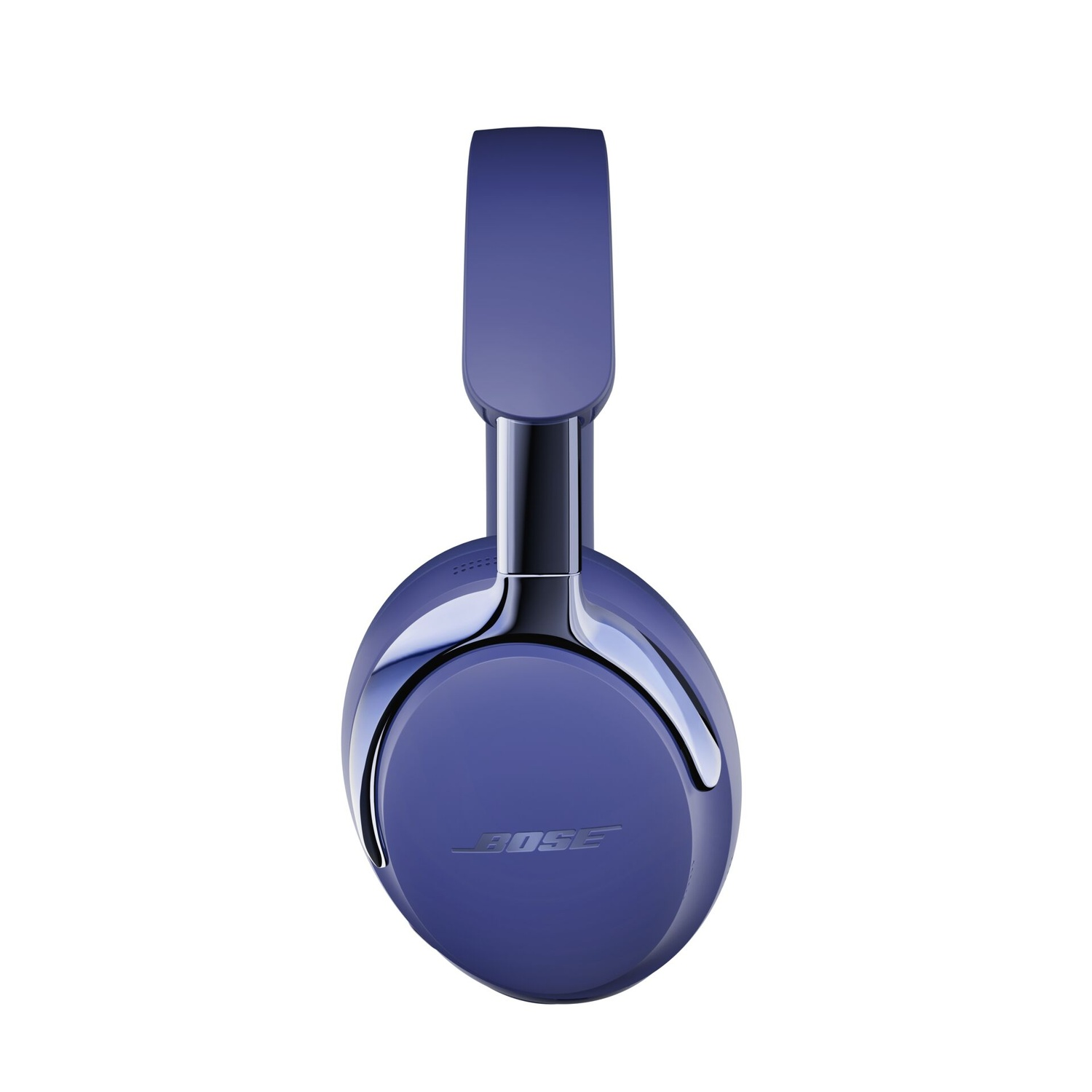 Une paire d'écouteurs Bose bleus, vue de face. Les écouteurs sont sur fond blanc.