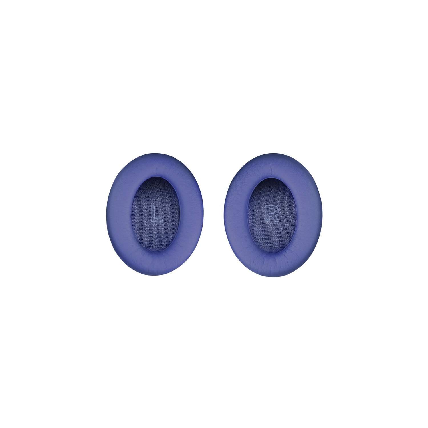 Deux oreillettes de casque violettes sur fond blanc. L'oreillette gauche a un L, la droite un R.