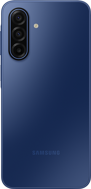 Egy sötétkék Samsung telefon hátulja, három kamerával bal felül és a Samsung logóval alul.