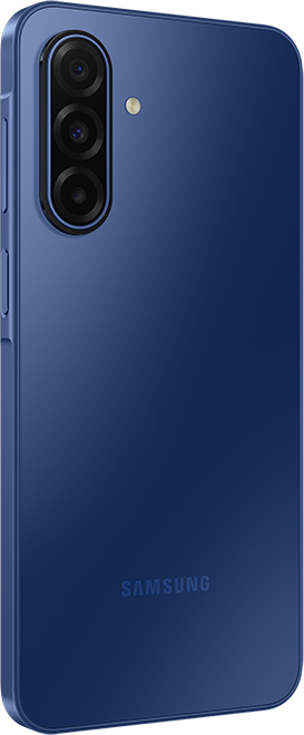 Kék Samsung telefon hátlapja. Három kamerával, vakuval és a Samsung logóval. A telefon sima, fényes felülettel rendelkezik.