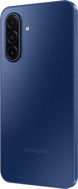 Kék Samsung telefon hátlapja, három kamerával, vakuval és Samsung logóval. A telefon lekerekített élekkel rendelkezik.
