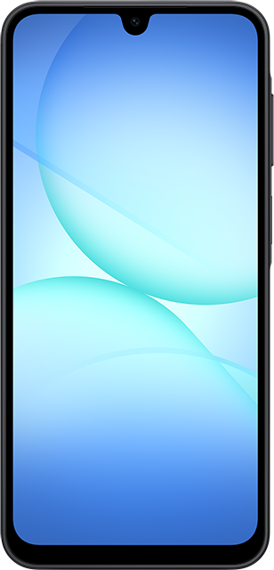 Egy okostelefon képernyőjén kék és fehér absztrakt design látható. A telefon fekete kerettel és előlapi kamerával rendelkezik.