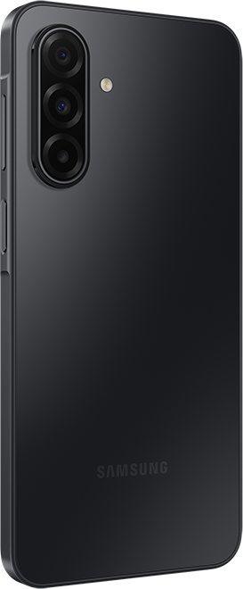 Egy fekete okostelefon, szögből nézve. Három hátlapi kamerája, egy vakuja és a Samsung logója van. Az oldalán hangerőgombok találhatók.