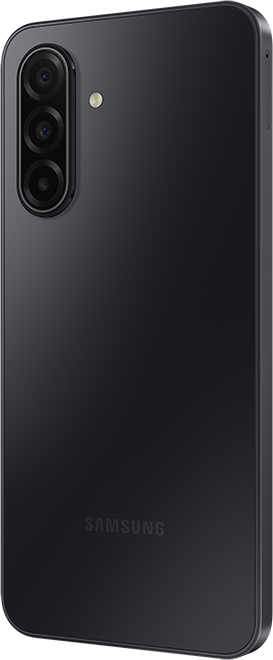 Fekete okostelefon hátlapja három kamerával és vakuval. A Samsung logó látható. A telefon enyhén szögben áll.