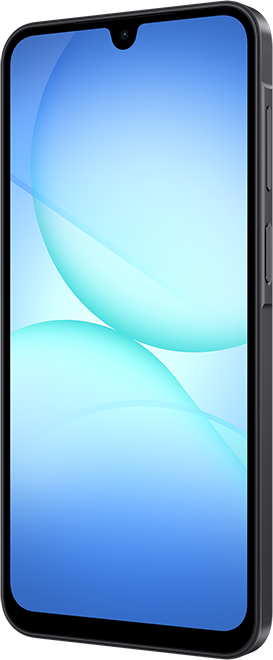 Egy okostelefon kék-cián színátmenetes képernyővel. A telefon fekete, oldalán gombokkal.