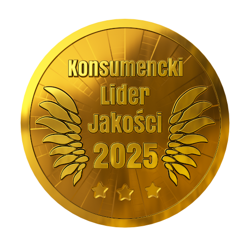 Złoty medal z napisem "Konsumencki Lider Jakosci 2025", skrzydłami i gwiazdami.
