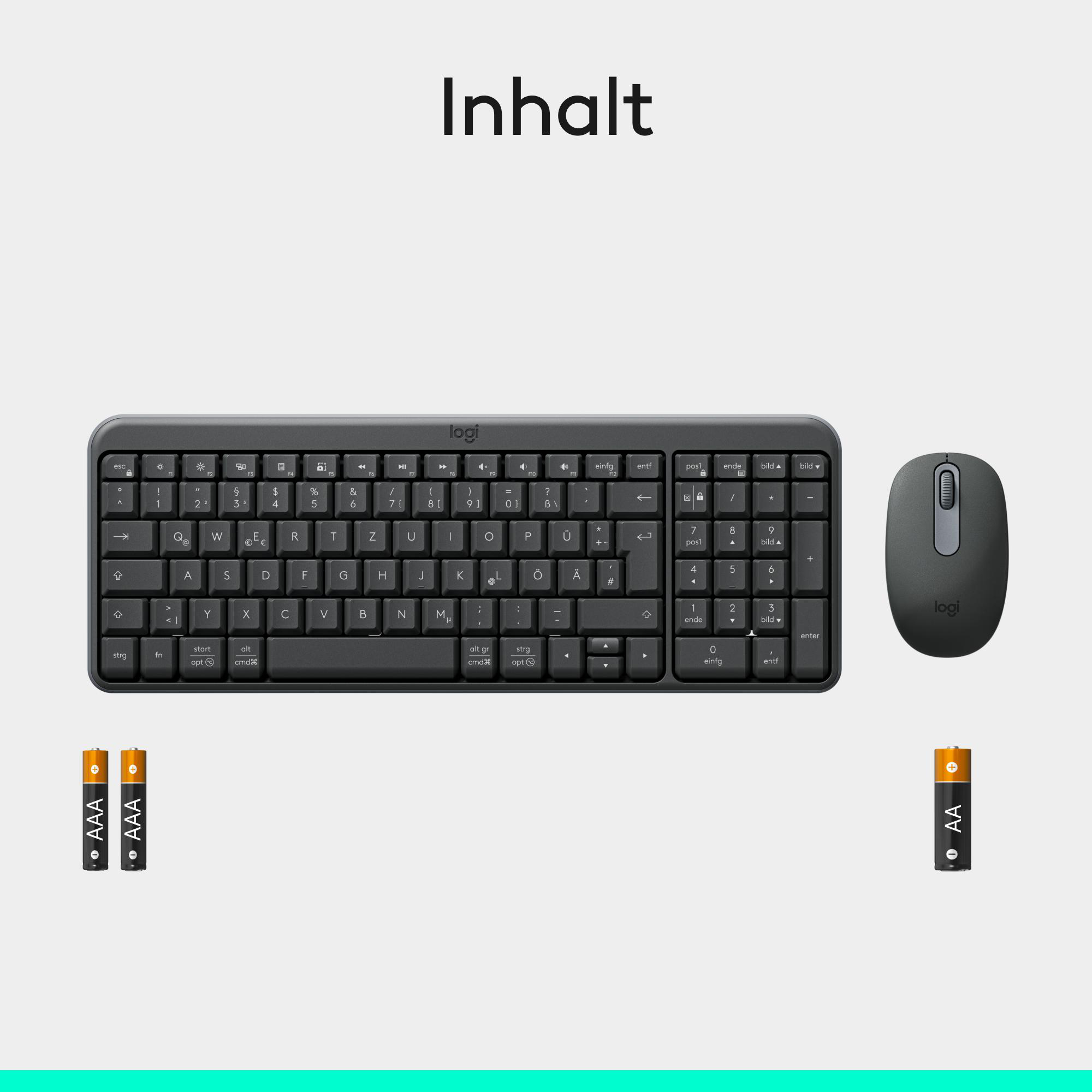 Eine schwarze Tastatur, Maus und Batterien liegen auf einer weißen Oberfläche. Die Tastatur hat Logitech-Branding.