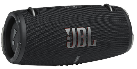 Czarny głośnik JBL o cylindrycznym kształcie. Ma logo JBL i teksturowaną powierzchnię. Głośnik jest na białym tle.