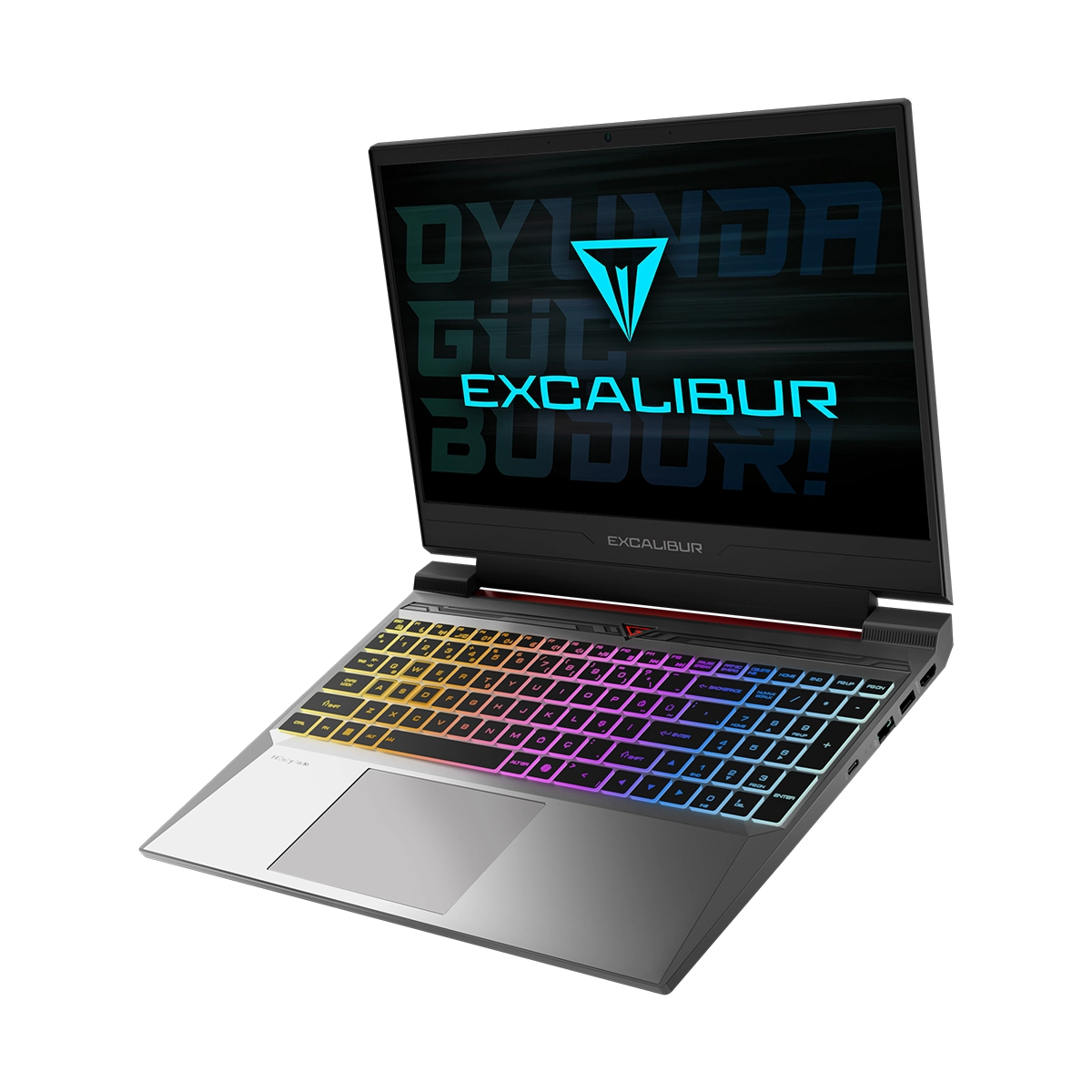 Renkli klavyeli siyah bir dizüstü bilgisayar, ekranda parlayan bir logo ile 'EXCALIBUR' yazıyor.