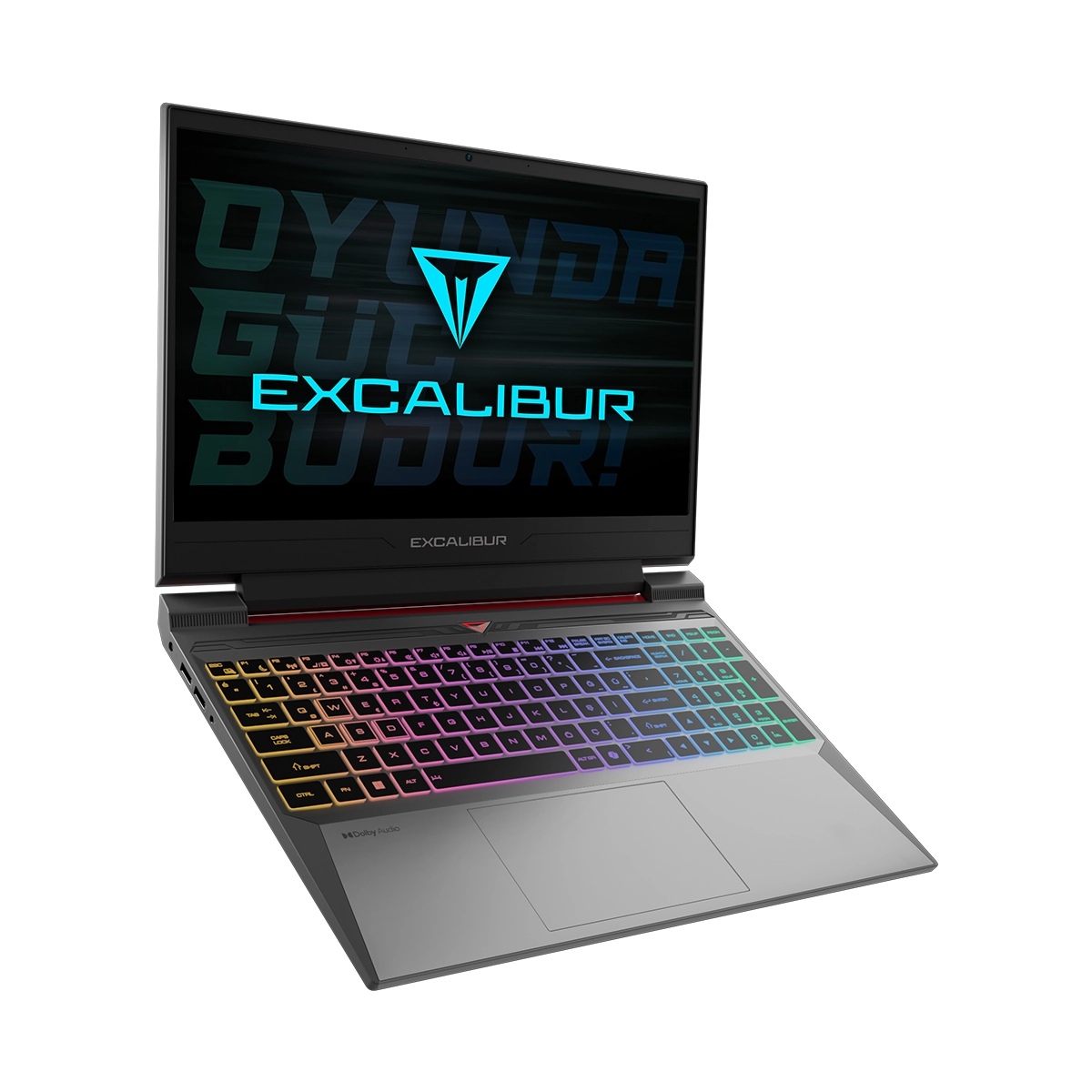 "EXCALIBUR" yazan renkli klavyeli siyah bir dizüstü bilgisayar. Ekranda Türkçe metin gösteriliyor. Dizüstü bilgisayar beyaz bir yüzeyde.