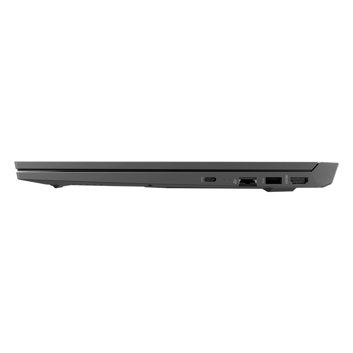 Koyu gri bir dizüstü bilgisayarın yan görünümü. Görünür bağlantı noktaları arasında USB-C, HDMI ve bir Ethernet bağlantı noktası ve bir güç bağlantı noktası bulunur. Dizüstü bilgisayar kapalı.