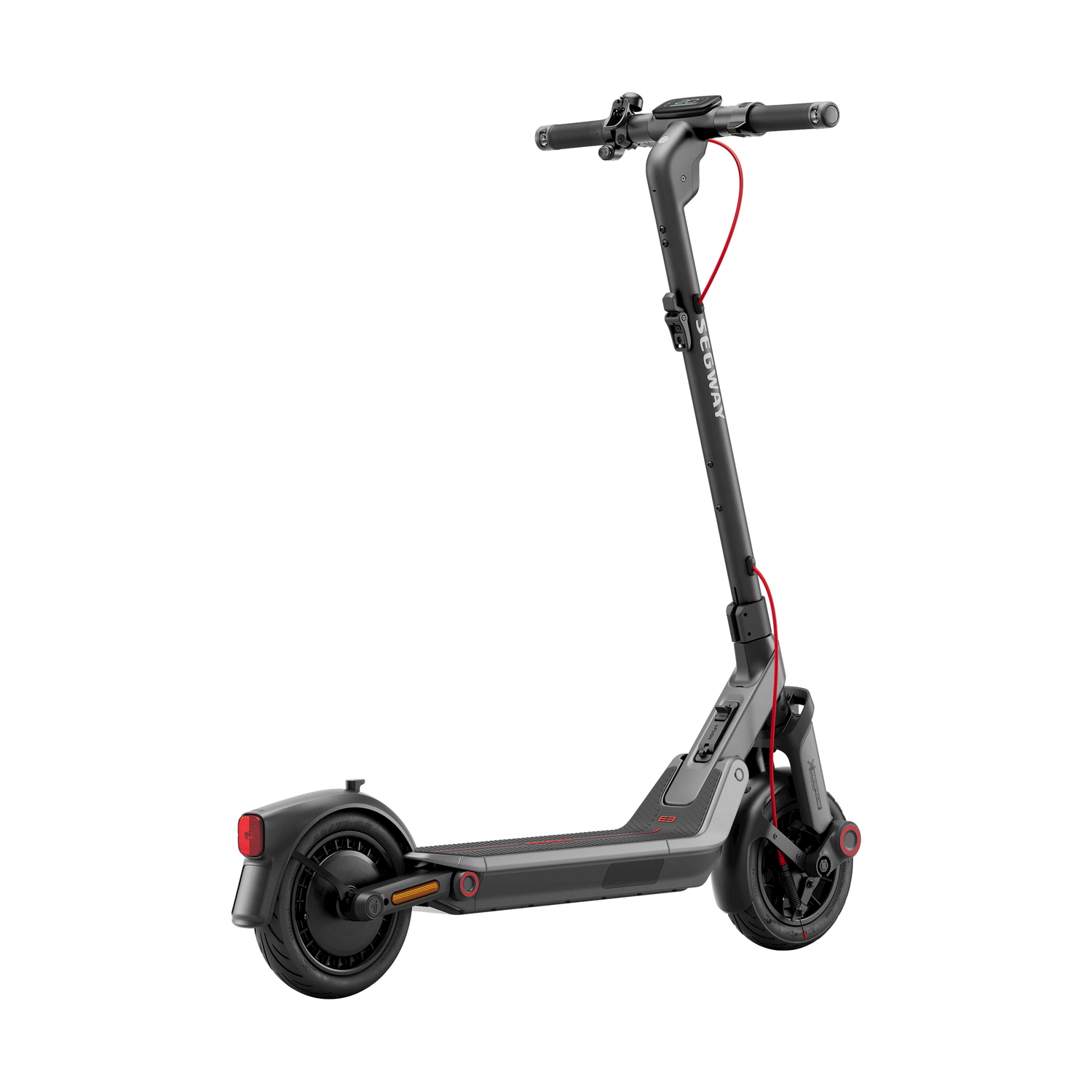 Un monopattino elettrico Segway grigio su sfondo bianco. Lo scooter ha pneumatici neri e un cavo rosso. Il marchio è visibile.