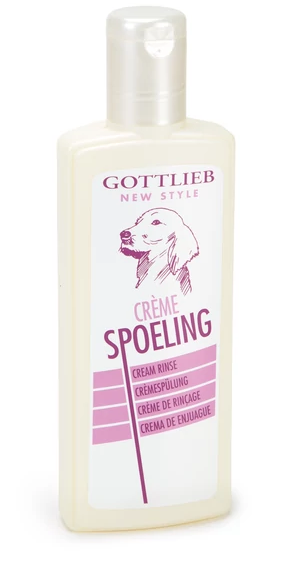 Krémszínű üveg kutyakozmetikai termékkel. 'Gottlieb' és 'Crème Spoeling' felirattal. Kutyailusztrációt tartalmaz.