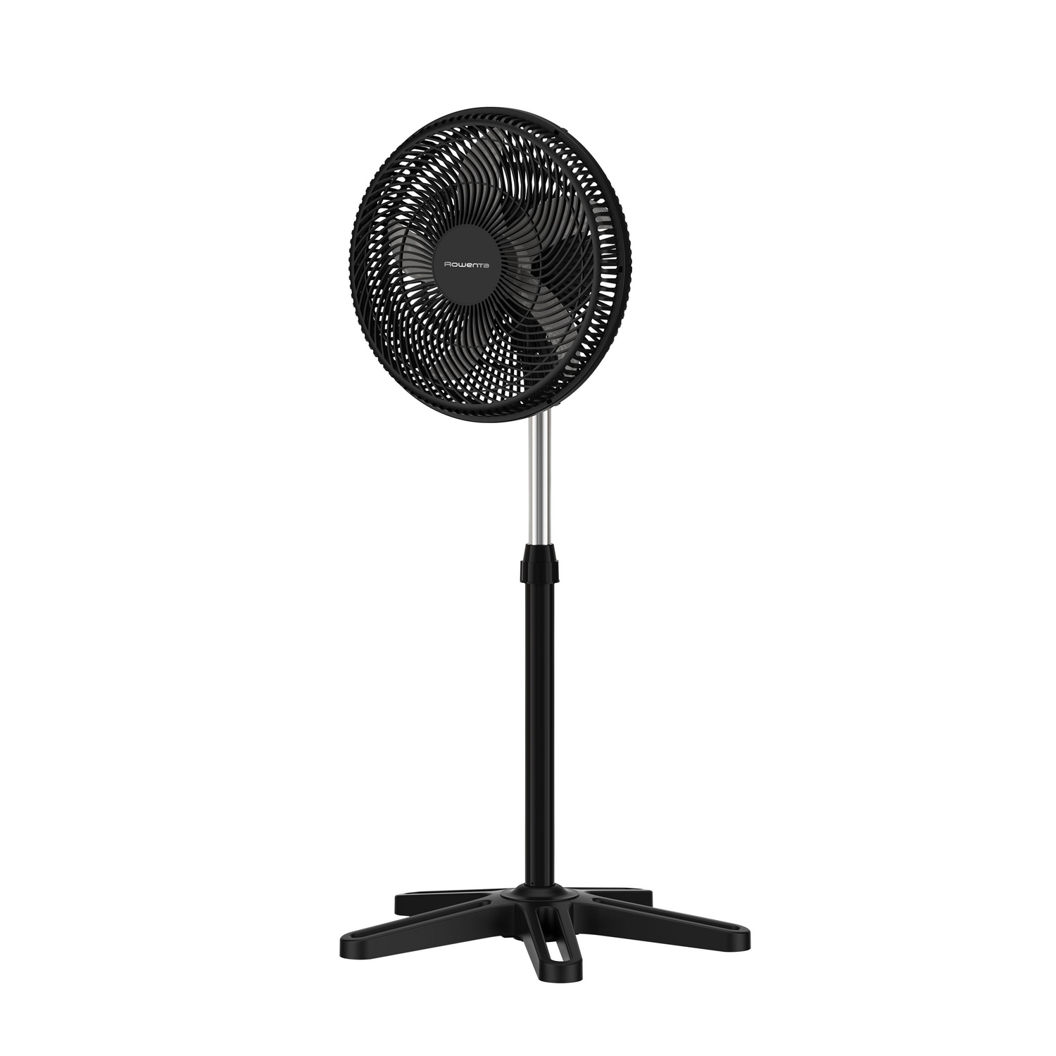A black stand fan on a white background. The fan has a black cage and blades. The stand is black with a silver pole.