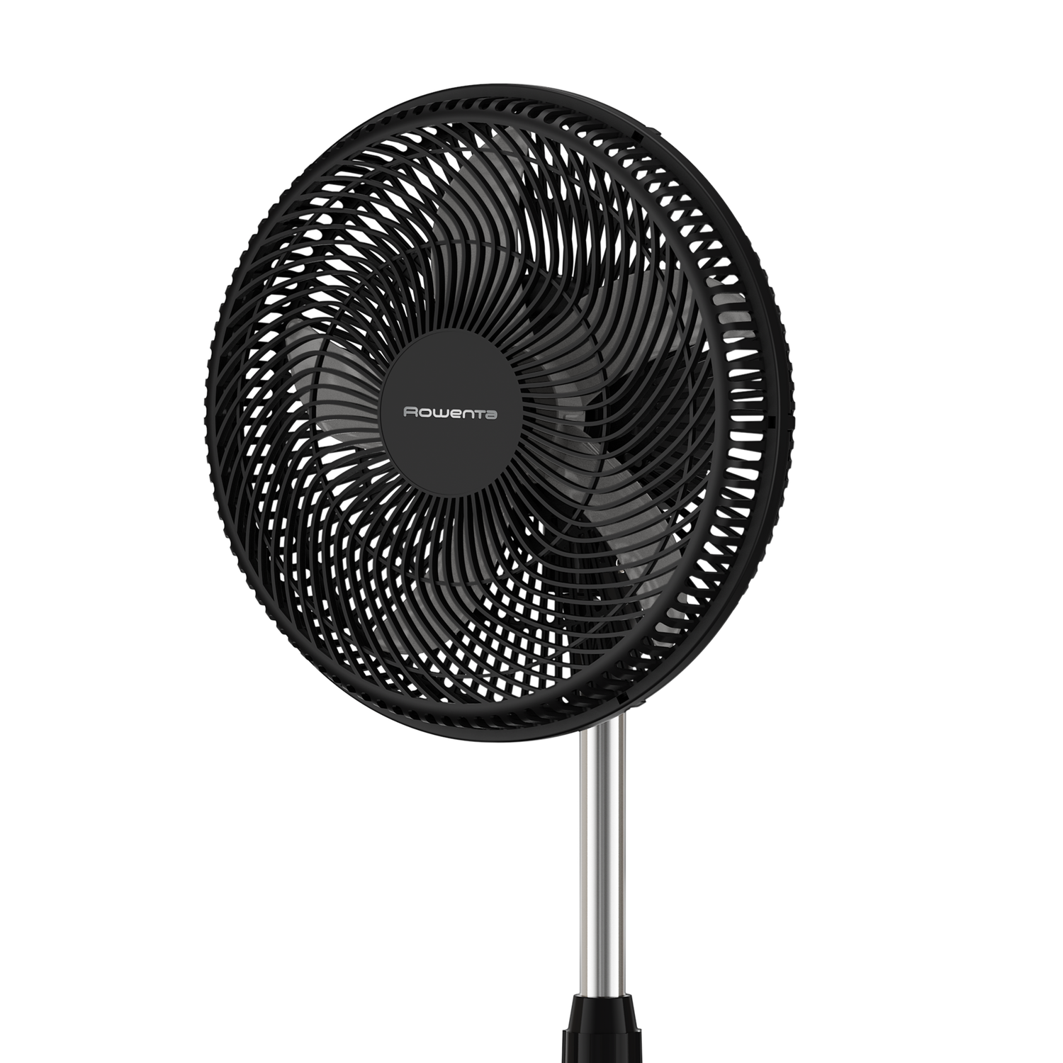 A black Rowenta stand fan, with silver pole and black base. The fan blades are visible behind the black protective grill.