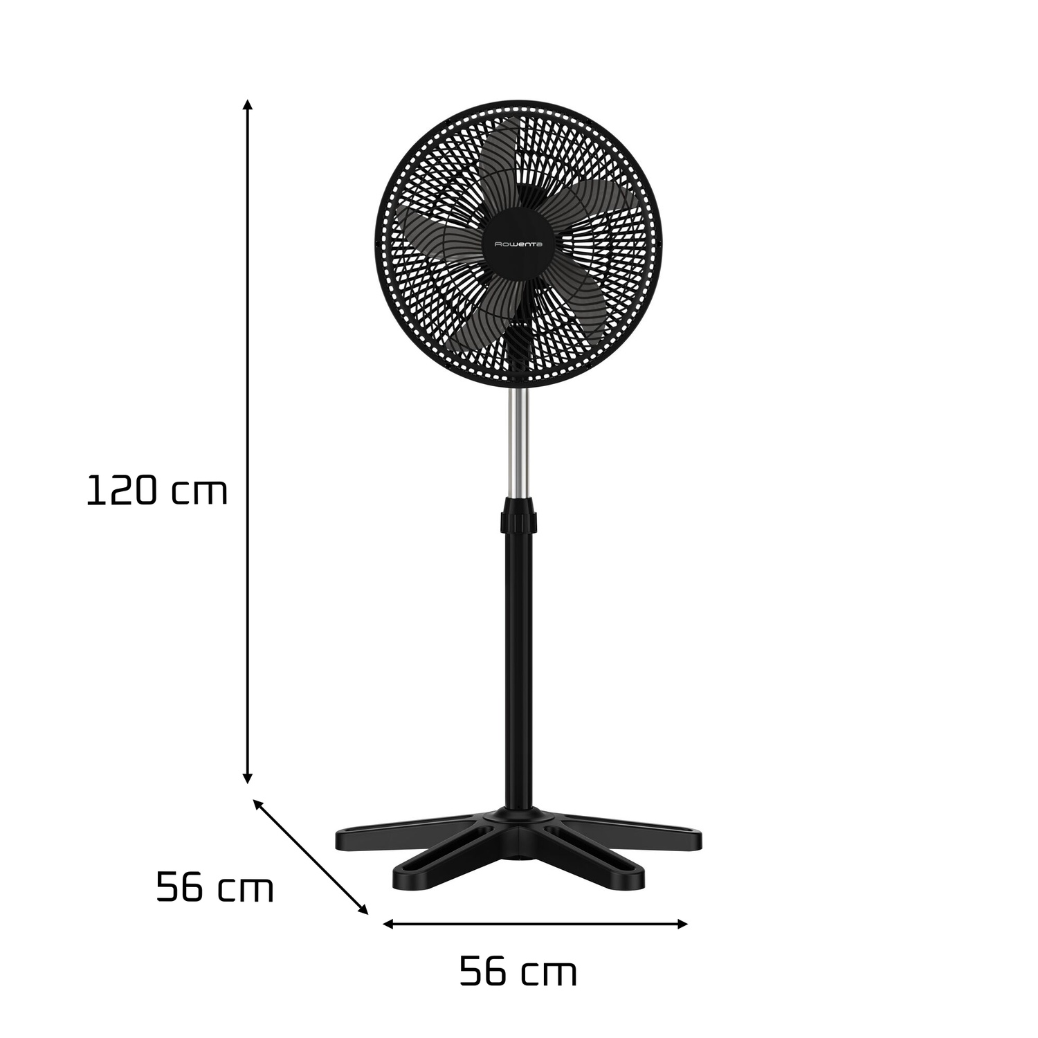 Black standing fan on a white background. Dimensions are shown: 120 cm height, 56 cm width and base.