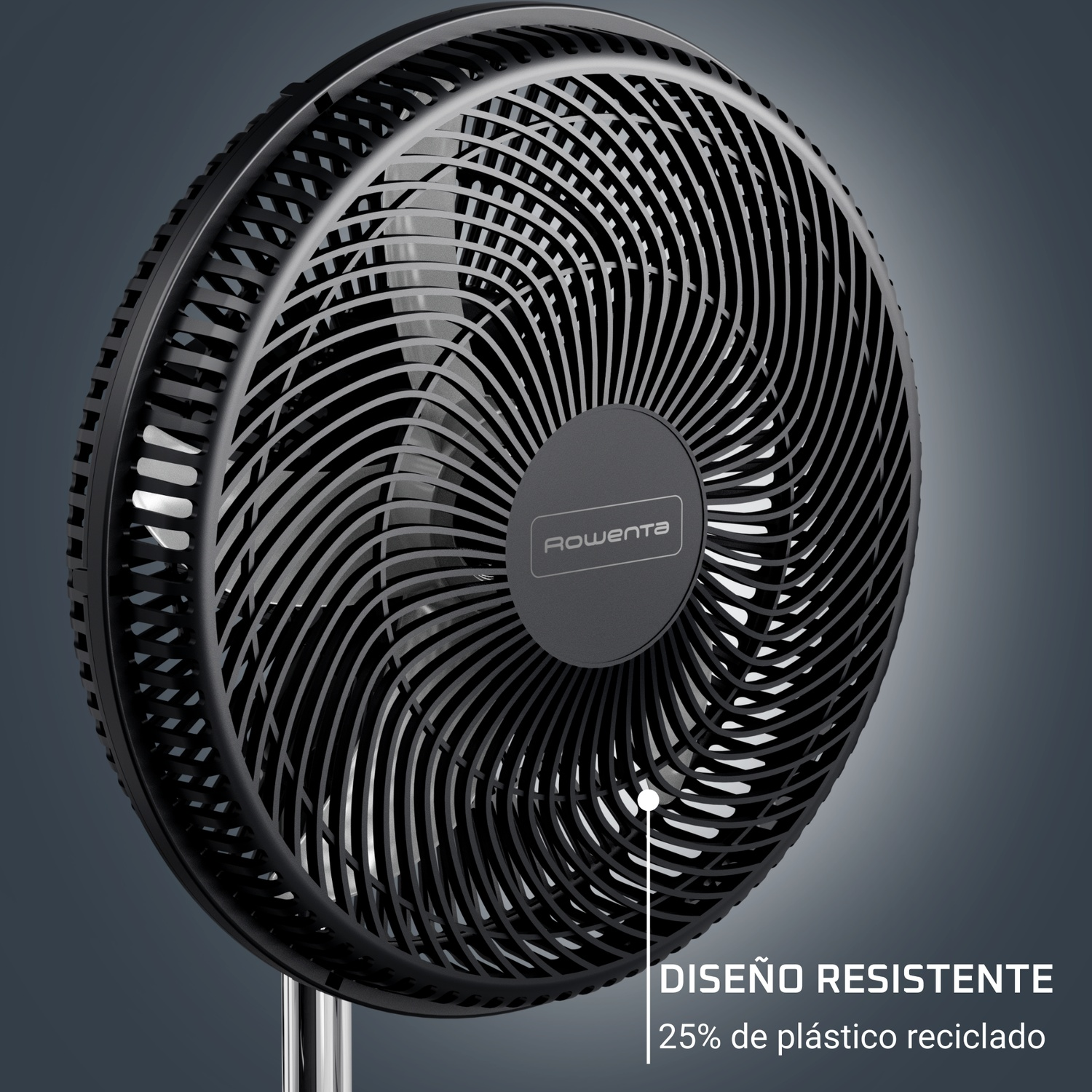 Close-up of a black fan with curved blades. The fan is against a gradient gray background. Text indicates resistant design and recycled plastic.