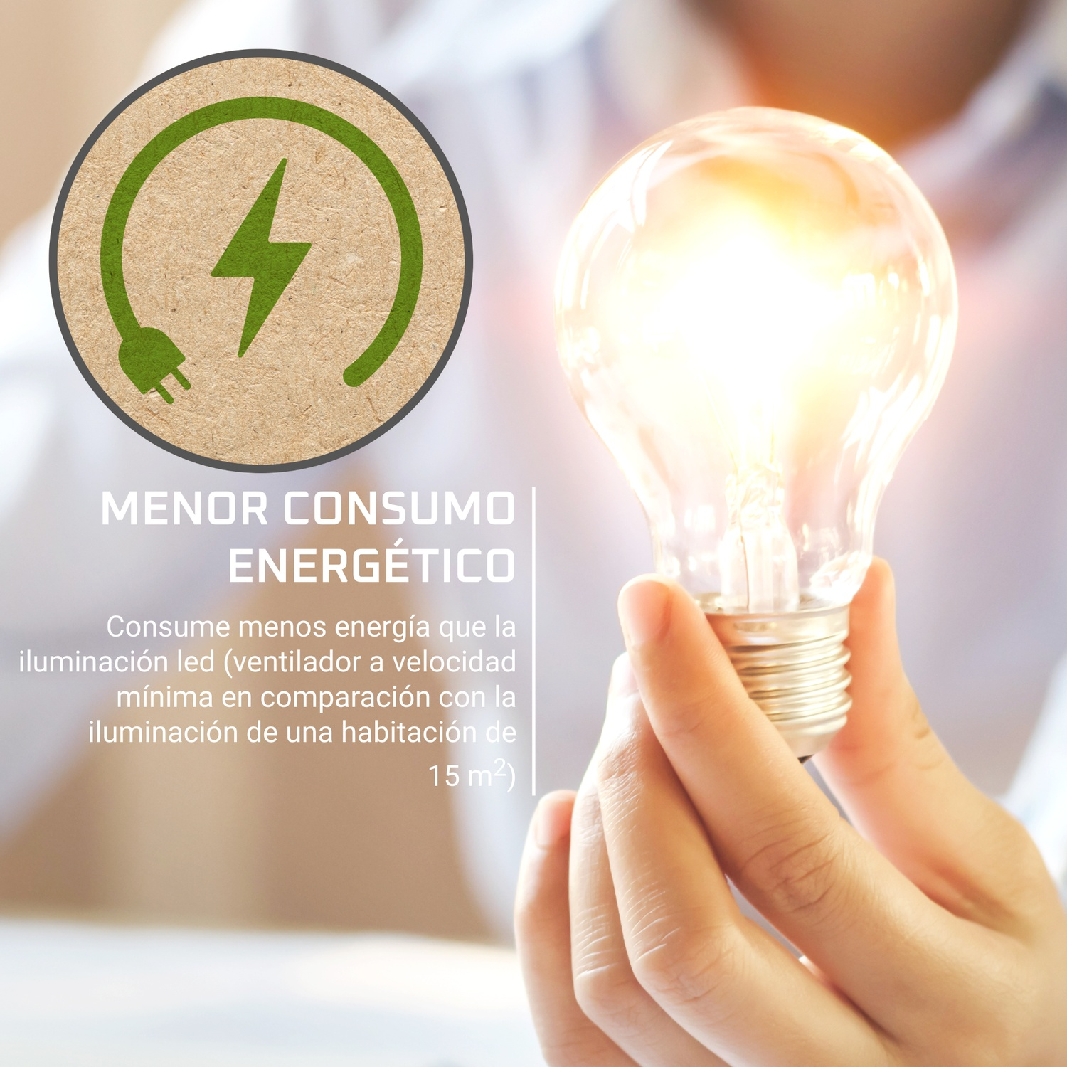 A hand holds a lit lightbulb. A green energy symbol is on the left, with text about energy consumption.