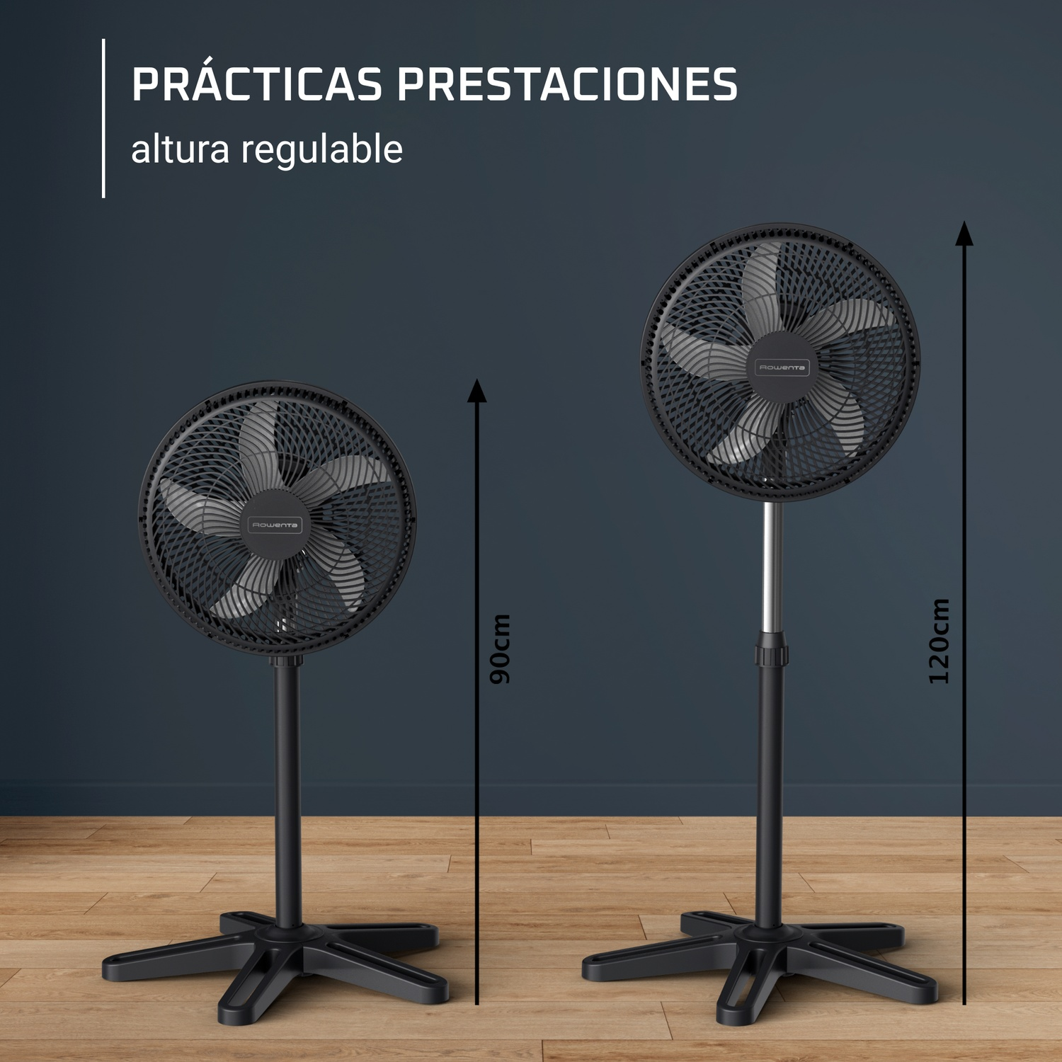 Two black pedestal fans, one at 90cm, the other at 120cm, on a wooden floor. Text says 'PRACTICAS PRESTACIONES' and 'altura regulable'.