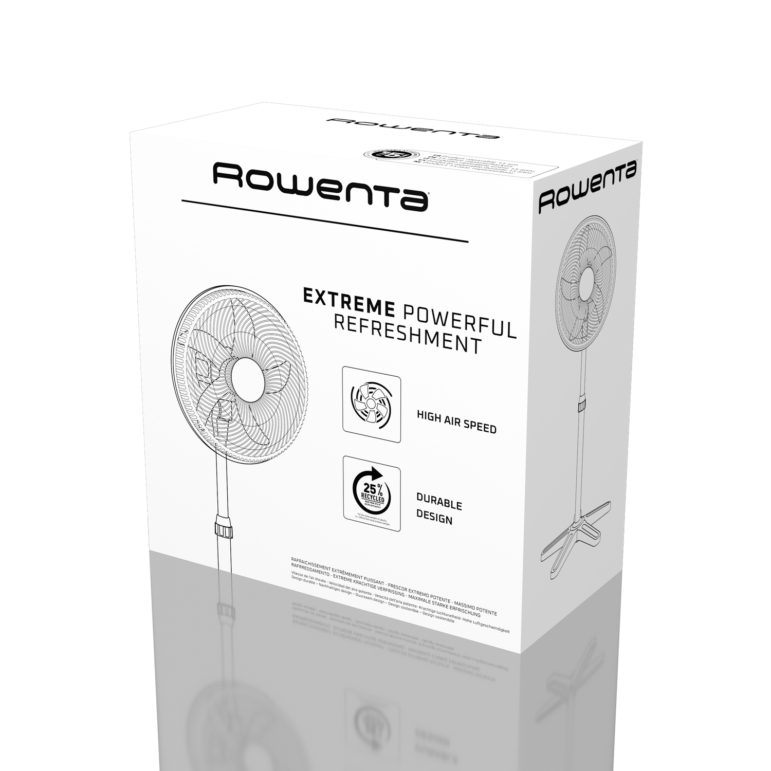 A Rowenta fan box. Text reads 'Extreme Powerful Refreshment'. Details include high air speed and durable design.