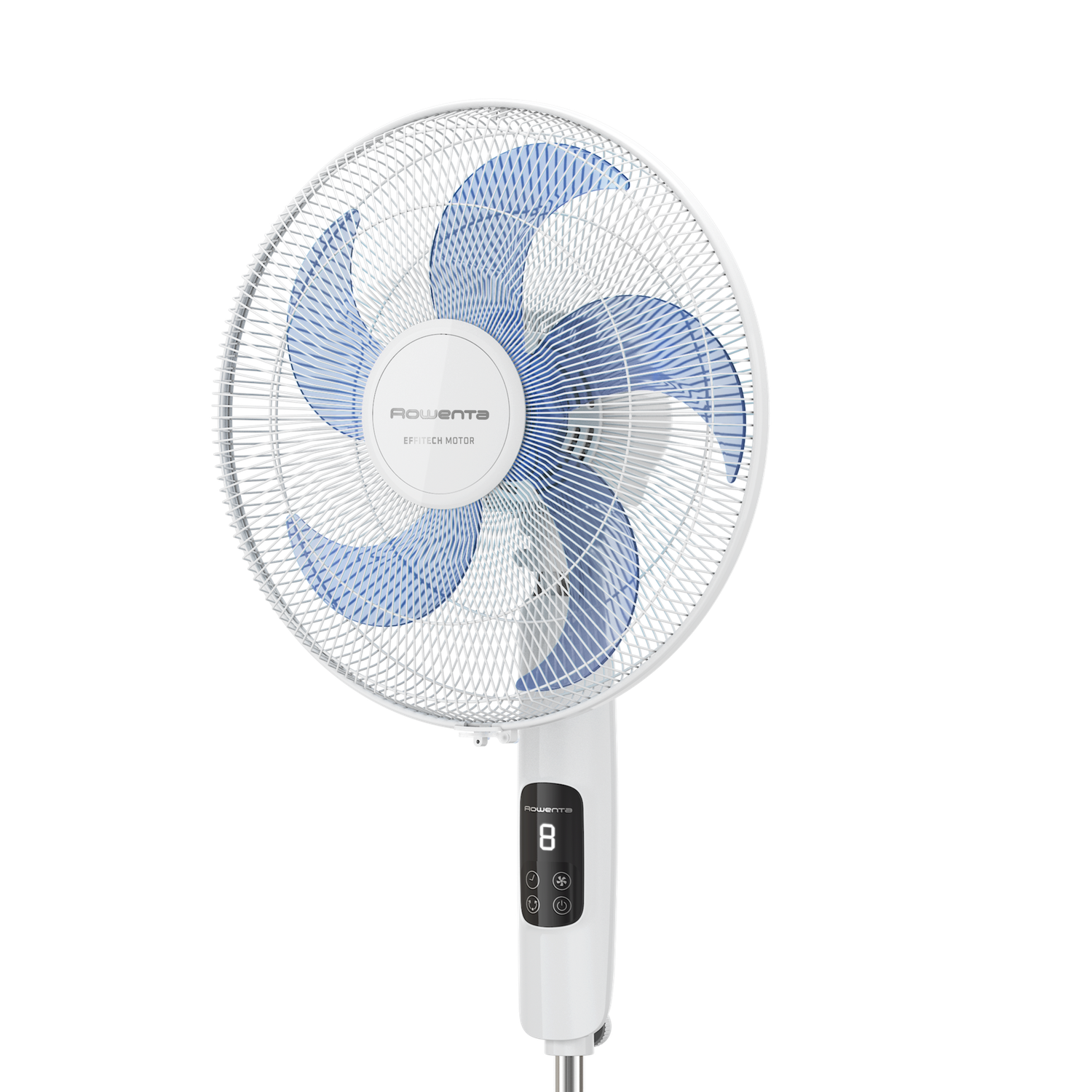 Un ventilateur sur pied Rowenta blanc et bleu avec un écran numérique affichant le chiffre 8, isolé sur fond noir.