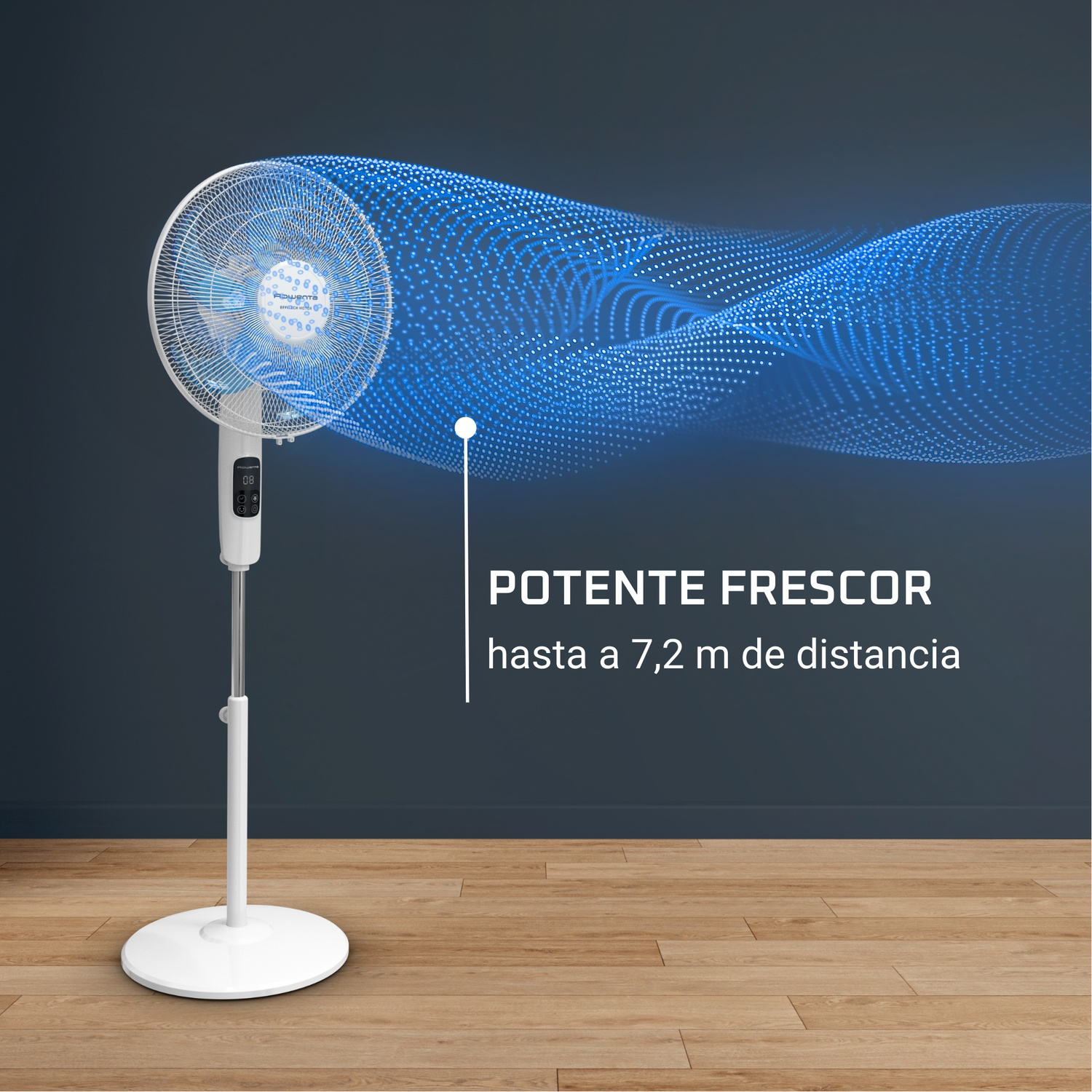 Un ventilateur blanc émet une onde pointillée bleue. Le texte dit 'POTENTE FRESCOR' et 'hasta a 7,2 m de distancia'. Sol en bois et mur sombre.