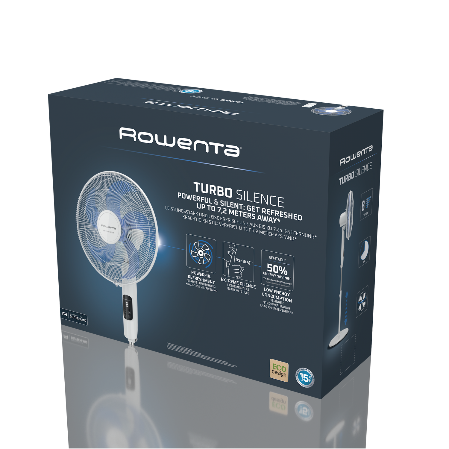 Une boîte de ventilateur Rowenta Turbo Silence. La boîte affiche un ventilateur blanc avec des pales bleues et des infos.