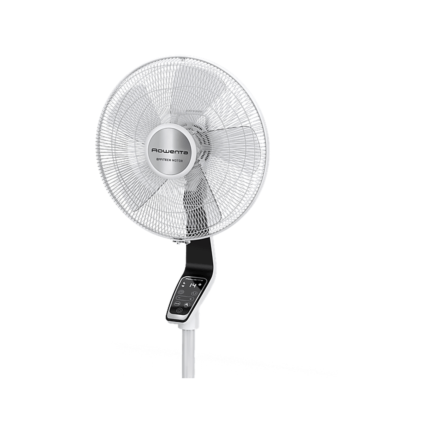 Un ventilateur sur pied argenté et blanc avec affichage numérique. Les pales sont enfermées dans une cage métallique, logo Rowenta visible.