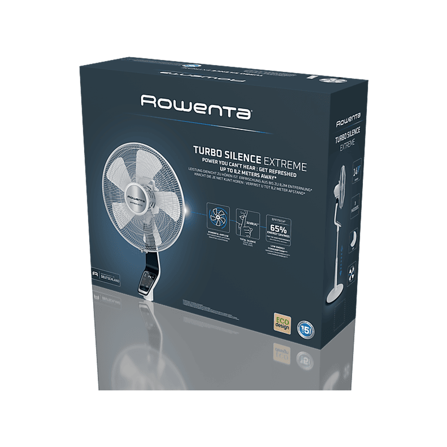 Une boîte de ventilateur Rowenta Turbo Silence Extreme est présentée. C'est une boîte bleu foncé avec le nom du produit et ses caractéristiques.