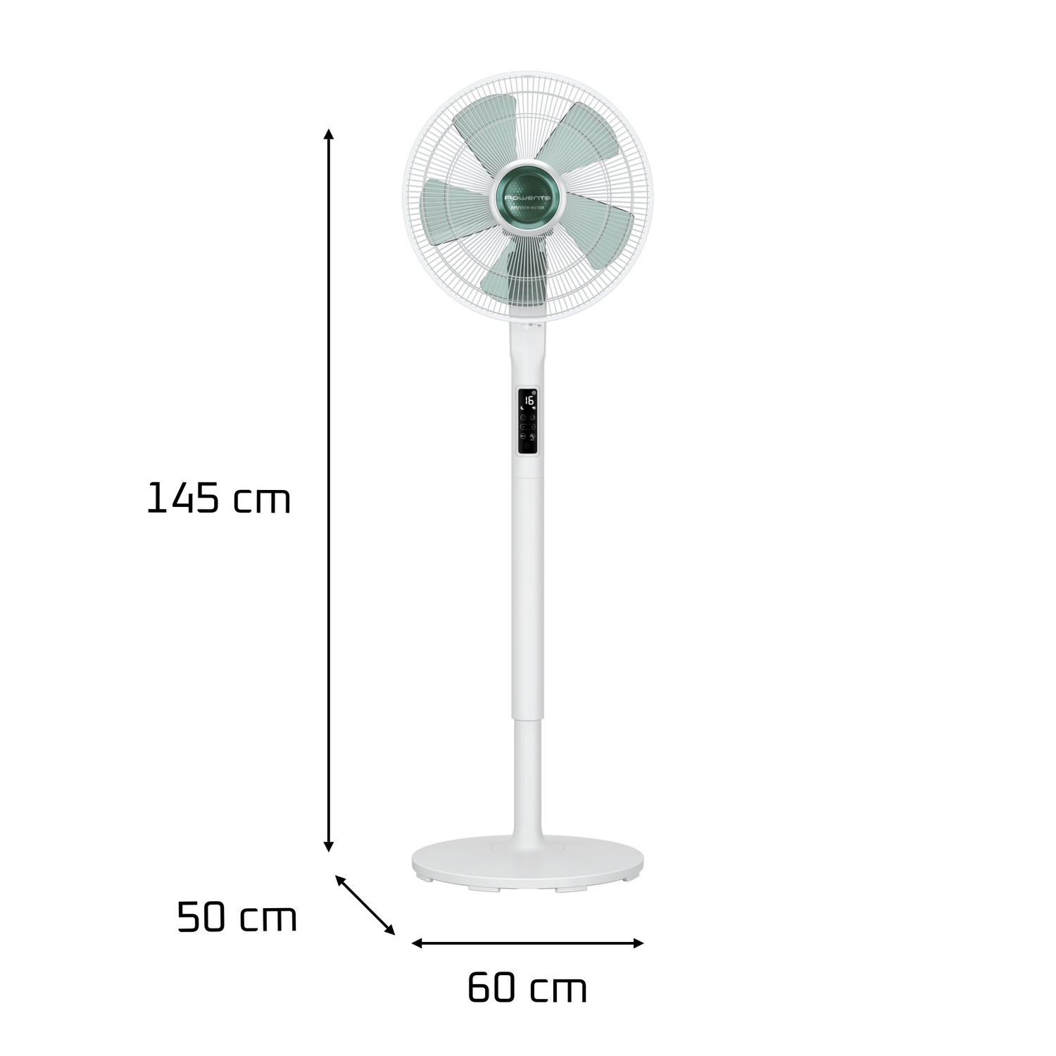 White standing fan with green blades. Dimensions: 145 cm height, 60 cm width, and 50 cm depth. Digital display on the stand.