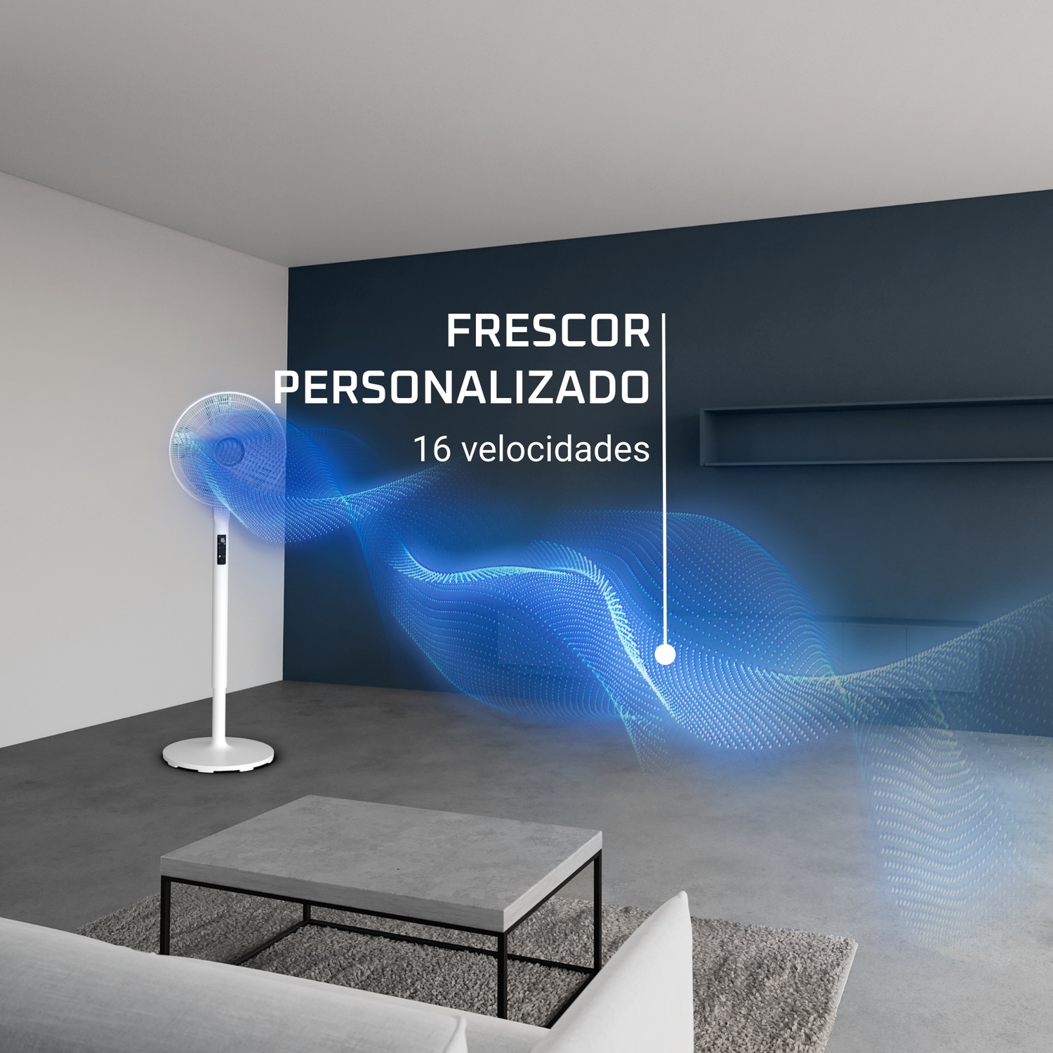 A white fan stands in a modern room. Text reads 'Frescor Personalizado, 16 velocidades'. Blue air flow effect.