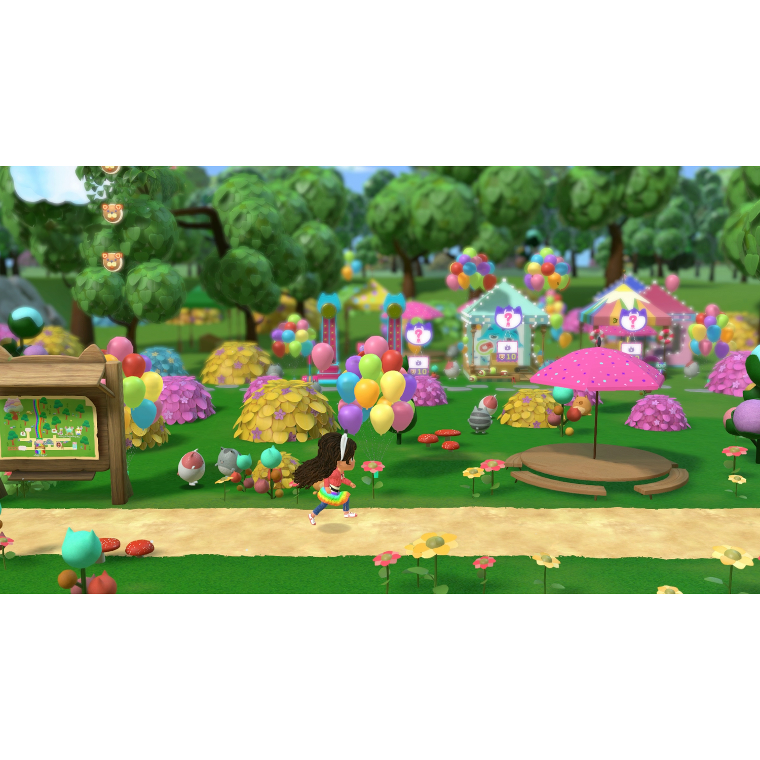 Een meisje rent door een kleurrijk park met ballonnen, bloemen en een roze paraplu. Verschillende kraampjes en bomen op de achtergrond.