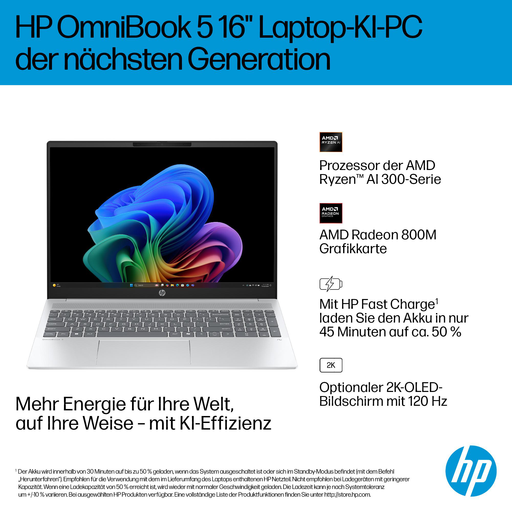 Ein Laptop mit farbenfroher Grafik auf dem Bildschirm. Die Tastatur ist sichtbar. Text enthält HP OmniBook und AMD Ryzen.