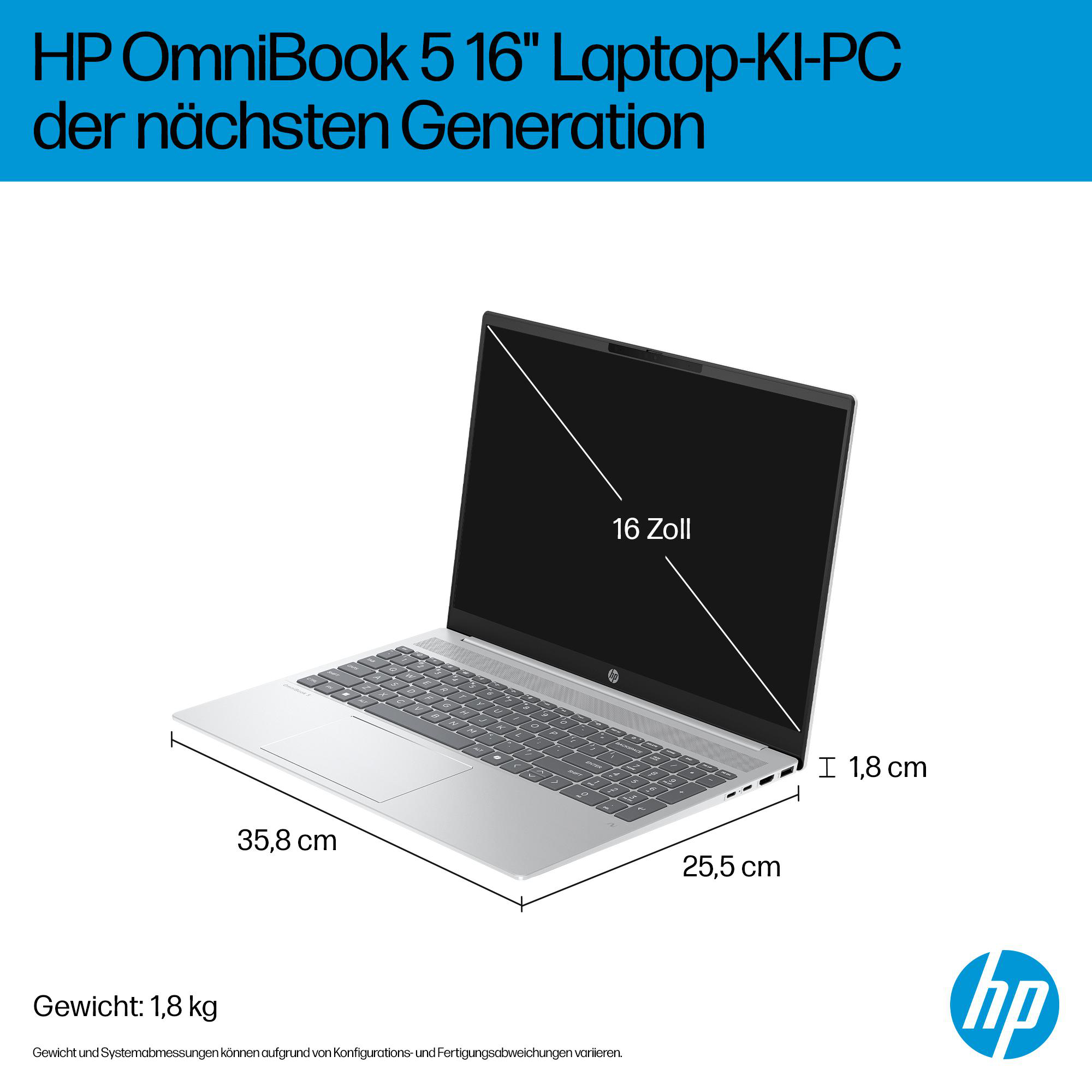 HP OmniBook Laptop. Silber mit schwarzem Bildschirm. Abmessungen sind angegeben. HP-Logo unten rechts.