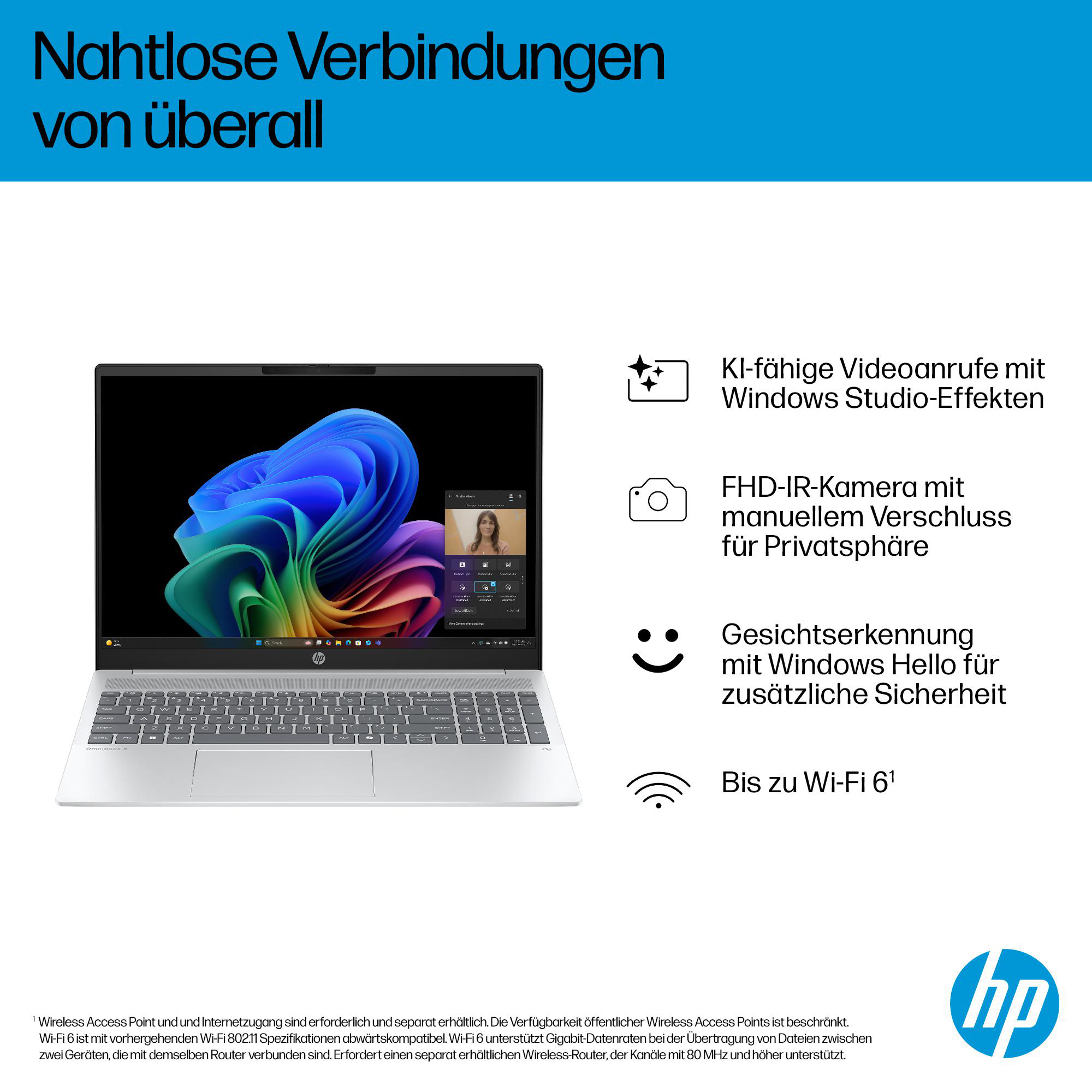 Ein silberner Laptop zeigt einen bunten Wirbel auf dem Bildschirm. Zu den Funktionen gehören Webcam, Gesichtserkennung und Wi-Fi 6.