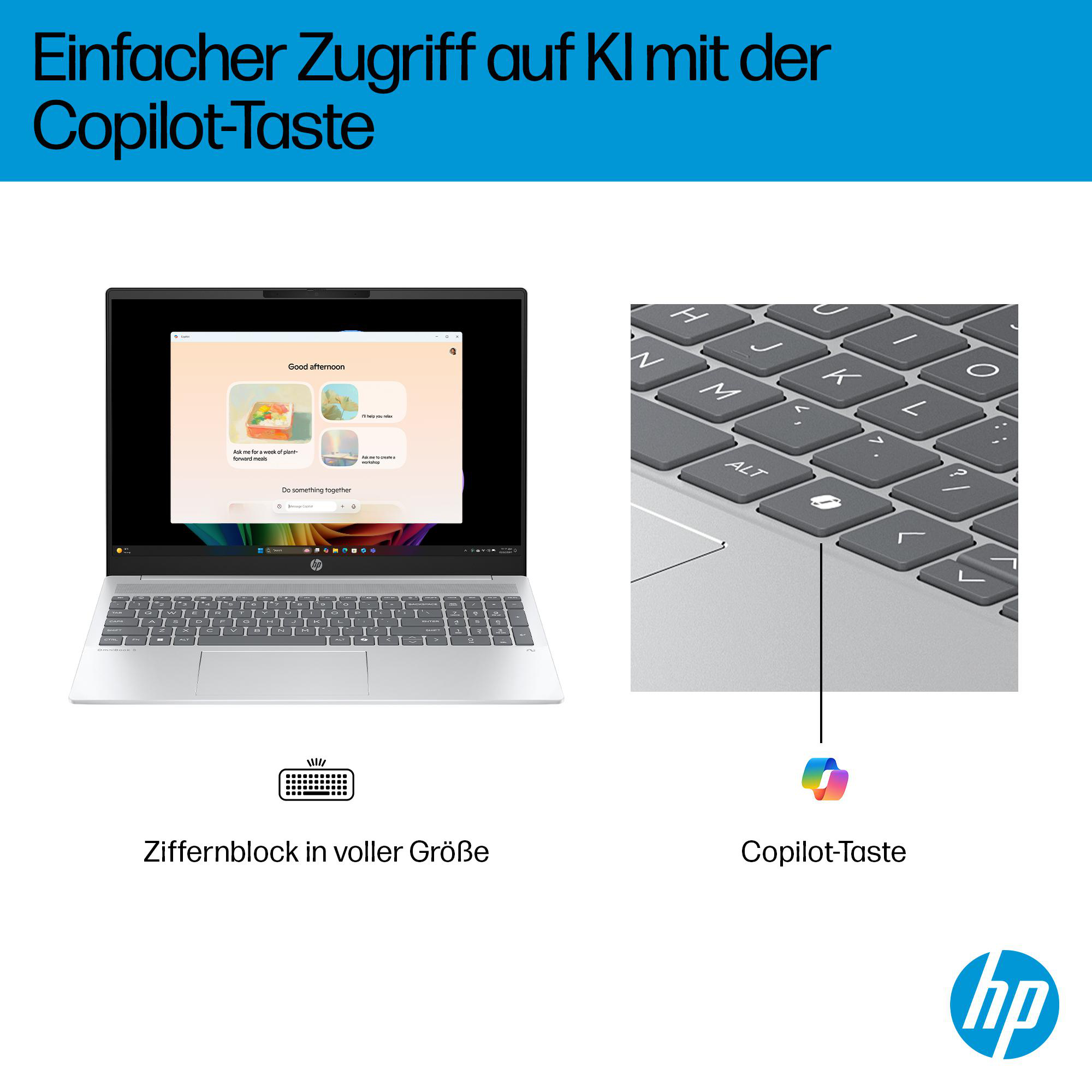 Laptop mit 'Guten Tag'-Oberfläche. Tastaturen und eine Copilot-Taste werden hervorgehoben. HP-Logo unten rechts.