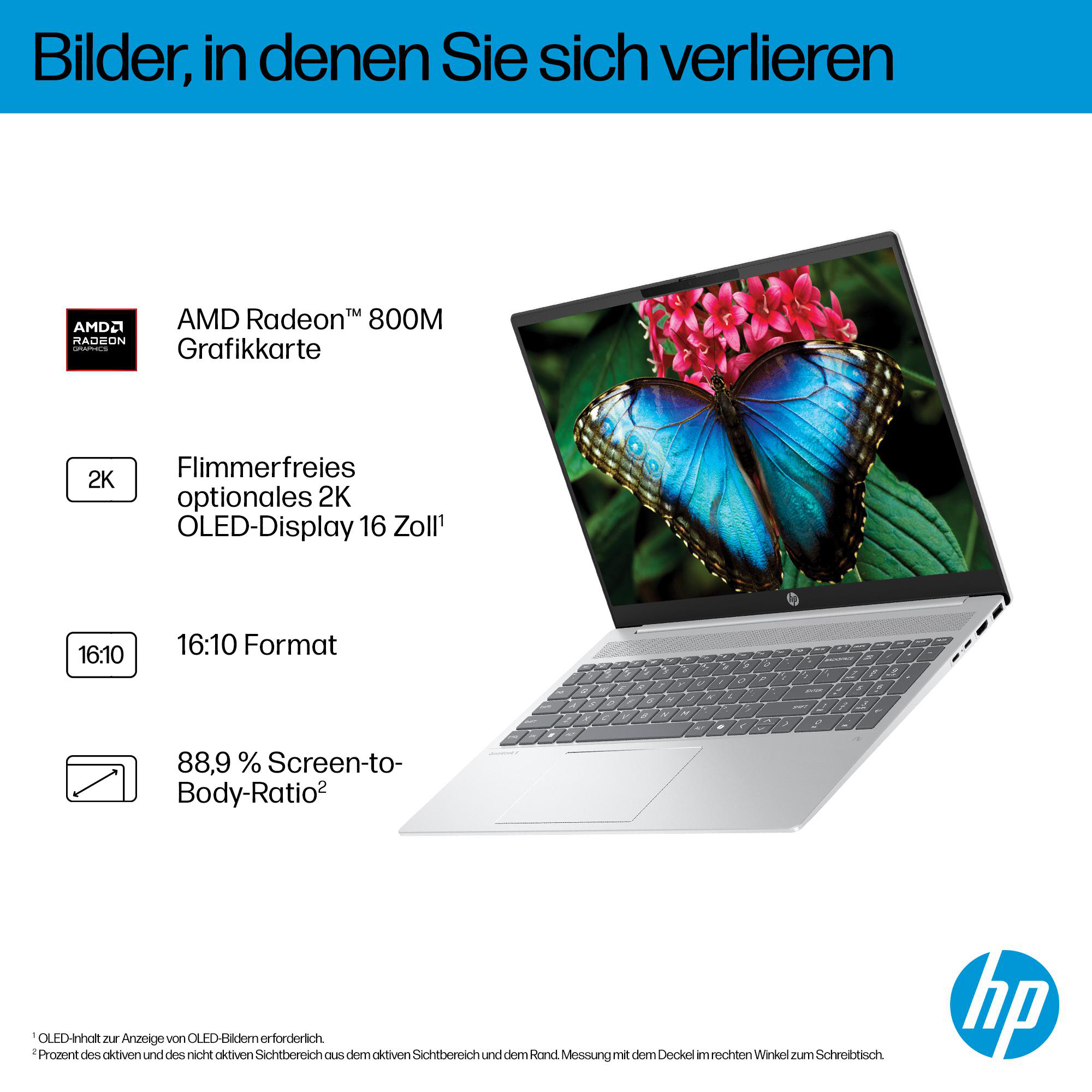 Ein Laptop zeigt einen Schmetterling auf dem Bildschirm. Text links beschreibt Funktionen, darunter AMD Radeon, 2K OLED-Display und Bildschirmverhältnis.