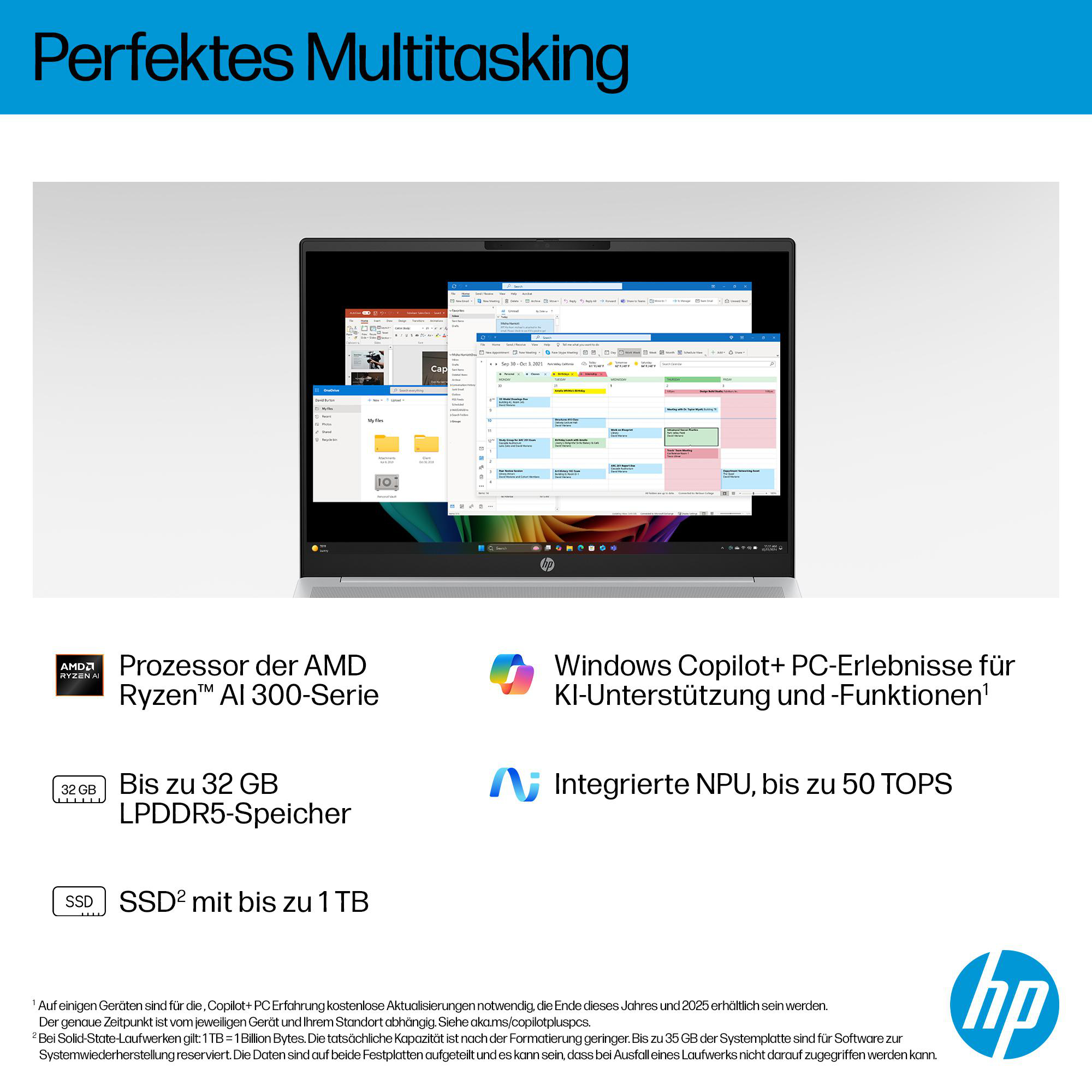Ein Laptop zeigt mehrere Fenster, darunter einen Kalender und Dateiverwaltung. Text enthält Prozessor-, Speicher- und Speicherdetails.