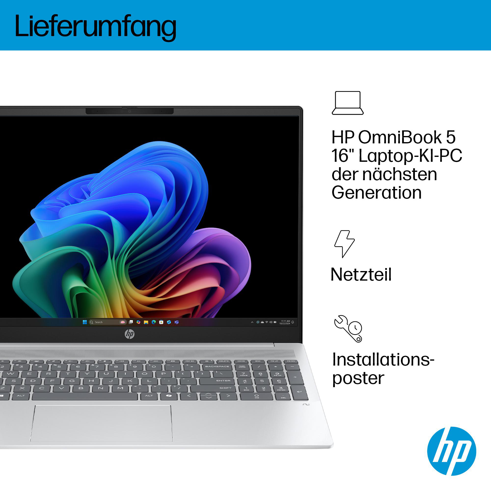 Ein Laptop mit farbenfrohem Bildschirm ist geöffnet. Text und Symbole zeigen Zubehör, darunter ein Ladegerät und ein Poster.