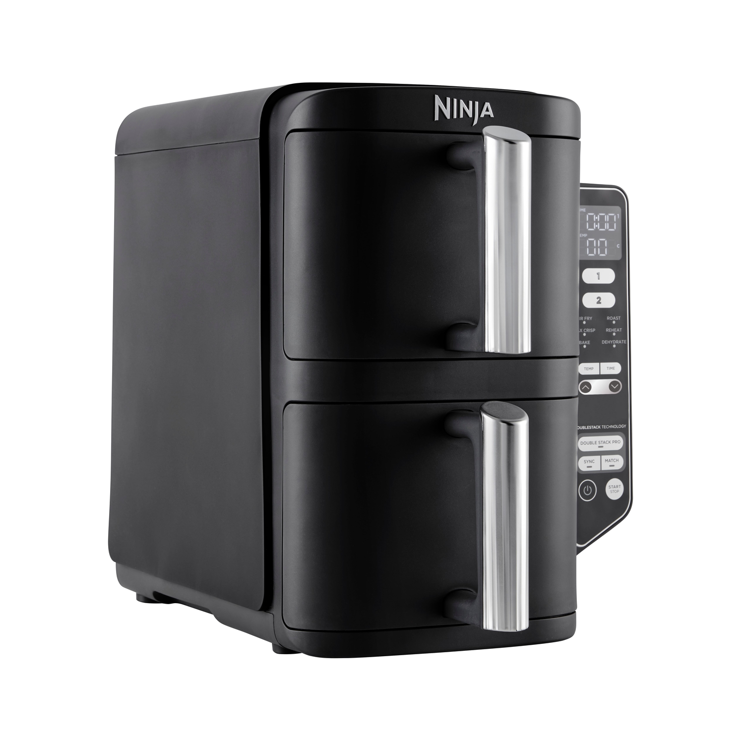 Black Ninja air fryer with two stacked compartments, silver handles, and a digital control panel. The Ninja logo is visible.